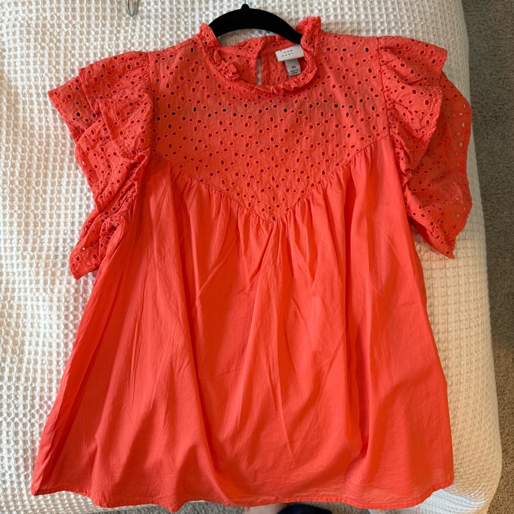 A New Day Eyelet Ruffle Sleeve Top in Coral XS